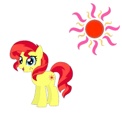 Size: 697x655 | Tagged: safe, artist:selenaede, artist:user15432, derpibooru import, sunshimmer, earth pony, pony, g3, g4, base used, blue eyes, cutie mark, freckles, g3 to g4, generation leap, image, not sunset shimmer, open mouth, open smile, png, recolor, red mane, red tail, simple background, smiling, solo, tail, transparent background, yellow coat