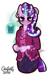 Size: 992x1403 | Tagged: safe, artist:chiefywiffy, derpibooru import, starlight glimmer, anthro, pony, unicorn, friendship is magic, g4, chocolate, clothes, dress, female, food, horn, hot chocolate, image, kebaya, mare, my little pony, piercing, png, simple background, solo, white background