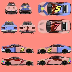 Size: 3464x3464 | Tagged: safe, artist:screaming luigi racing, derpibooru import, oc, oc:espie pantomimia, oc:estella pantomimia, unofficial characters only, car, carviewer, duo, duo female, elements of justice, female, ford, ford dark horse, ford mustang, image, jpeg, nascar, nr2003, photo, pink background, siblings, simple background, sisters, twins