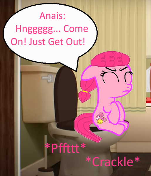 Size: 683x796 | Tagged: suggestive, artist:memeartboi, derpibooru import, ponified, earth pony, pony, g4, anais watterson, bathroom, but why, constipated, cute, daisy the donkey, eyes closed, female, filly, foal, grunt, grunting, hnnng, image, imminent flush, implied farting, implied pooping, indoors, onomatopoeia, png, pushing, sitting, sitting on toilet, solo, solo female, sound effects, speech bubble, struggle, struggling, text, the amazing world of gumball, toilet, toilet humor