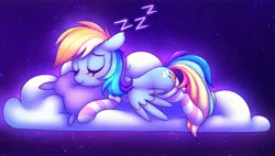 Size: 3000x1700 | Tagged: safe, artist:darkynez, artist:heavymetalbronyyeah, derpibooru import, rainbow dash, pegasus, pony, g4, backwards cutie mark, blushing, clothes, cloud, cute, dashabetes, eyes closed, female, image, jpeg, lying down, lying on a cloud, mare, on a cloud, onomatopoeia, pillow, prone, sleeping, sleeping on a cloud, smiling, socks, solo, sound effects, striped socks, wings, zzz