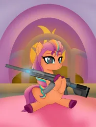 Size: 768x1024 | Tagged: safe, artist:ticonderoka, derpibooru import, sunny starscout, earth pony, pony, g5, assault rifle, belly, crystal brighthouse, female, gun, hoof heart, image, indoors, jpeg, leg hold, long mane, mane stripe sunny, mare, rifle, sitting, solo, underhoof, unshorn fetlocks, upside-down hoof heart, weapon