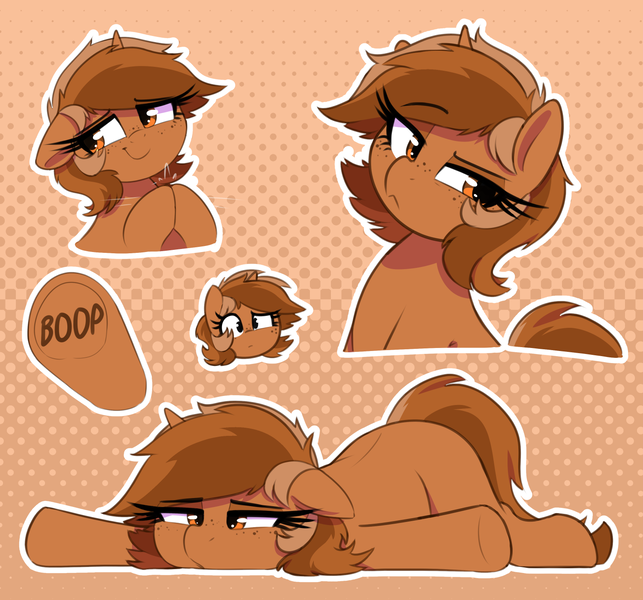 Size: 1500x1400 | Tagged: safe, artist:thebatfang, derpibooru import, oc, oc:sign, unofficial characters only, earth pony, pony, abstract background, boop, eyebrows, female, flop, freckles, hooves together, image, lying down, mare, png, prone, raised eyebrow, side eye, simple background, smiling, solo, sploot, thinking, underhoof