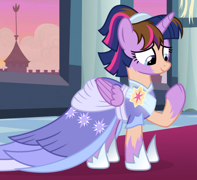 Size: 1180x1080 | Tagged: safe, artist:anonymous, artist:show accurate tf anon, derpibooru import, twilight sparkle, twilight sparkle (alicorn), alicorn, human, pony, g4, the last problem, /mlp/, /ptfg/, 4chan, clothes, coronation dress, dress, elegant, female, gown, hoof shoes, human to pony, image, png, regal, second coronation dress, show accurate, solo, transformation