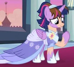 Size: 1180x1080 | Tagged: safe, artist:anonymous, artist:show accurate tf anon, derpibooru import, twilight sparkle, twilight sparkle (alicorn), alicorn, human, pony, g4, the last problem, /mlp/, /ptfg/, 4chan, clothes, coronation dress, dress, elegant, female, gown, hoof shoes, human to pony, image, png, regal, second coronation dress, show accurate, solo, transformation