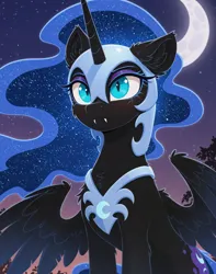 Size: 994x1264 | Tagged: safe, ai content, generator:zoinksnoob, machine learning generated, prompter:ramprover, nightmare moon, alicorn, pony, g4, ai errors, blushing, chest fluff, crescent moon, ear fluff, ethereal mane, eyeshadow, fangs, female, floppy ears, horn, image, jpeg, makeup, moon, night, nightmare moon armor, outdoors, slit eyes, solo, solo female, spread wings, starry mane, stars, wings