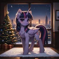 Size: 1280x1280 | Tagged: safe, ai content, generator:snowpony, machine learning generated, prompter:paleluna, twilight sparkle, twilight sparkle (alicorn), alicorn, pony, g4, bedroom eyes, blushing, carpet, chest fluff, christmas, christmas tree, city, cityscape, ear fluff, eyelashes, female, folded wings, holiday, horn, image, indoors, lidded eyes, looking at you, mare, night, png, room, scenery, scenery porn, side view, skyline, smiling, solo, solo female, standing, tail, tree, vibing, watching, window, wings, winter