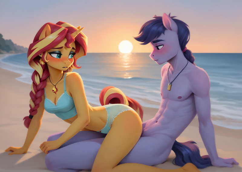 Size: 1440x1024 | Tagged: questionable, ai content, generator:midkemia v10, machine learning generated, prompter:scarlet ribbon, sunset shimmer, oc, anthro, unicorn, g4, abs, areola, beach, belly button, blushing, bored, braid, breasts, cleavage, clothes, cutie mark accessory, duo, duo male and female, embarrassed, eyeshadow, female, female on top, frown, grinding, hair tie, horn, image, implied sex, jewelry, looking back, makeup, male, male nipples, necklace, nipples, nudity, ocean, png, ponytail, pubic fluff, sand, sunset, underwear, unicorn horn, water