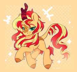 Size: 2138x1994 | Tagged: safe, artist:shelti, derpibooru import, sunset shimmer, kirin, pony, g4, cloven hooves, emanata, female, high res, horn, image, kirin sunset, kirinified, leonine tail, looking at you, mare, outline, png, smiling, smiling at you, solo, sparkles, species swap, tail, white outline