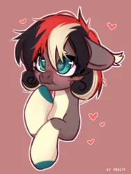 Size: 1382x1836 | Tagged: safe, artist:shelti, derpibooru import, oc, unofficial characters only, earth pony, pony, blushing, bust, coat markings, colored hooves, colored pupils, countershading, ear fluff, embarrassed, female, floppy ears, heart, heart eyes, hooves, image, mare, outline, pink background, png, raised hoof, request, simple background, socks (coat marking), solo, white outline, wingding eyes