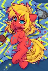 Size: 1346x2000 | Tagged: safe, artist:shelti, derpibooru import, oc, unofficial characters only, pony, unicorn, bed, body pillow, body pillow design, coin, colored pupils, commission, dakimakura cover, ear piercing, earring, fangs, floppy ears, frown, hoof heart, horn, image, jewelry, looking at you, lying down, necklace, nokia n-gage, piercing, png, pouch, side, solo, underhoof