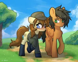 Size: 2500x2000 | Tagged: safe, artist:shelti, derpibooru import, oc, oc:clover springs, unofficial characters only, earth pony, pegasus, pony, blushing, clothes, duo, duo male and female, empire, female, folded wings, grass, hat, image, male, mare, military uniform, outdoors, png, raised hoof, raised leg, sky, stallion, standing on two hooves, star wars, tree, uniform, wings