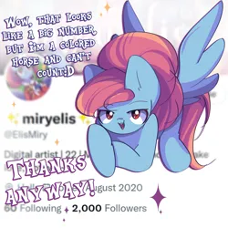 Size: 2500x2500 | Tagged: safe, artist:miryelis, derpibooru import, screencap, oc, oc:rainven wep, pegasus, pony, flying, image, long hair, looking at you, meta, png, solo, text, thanks, twitter