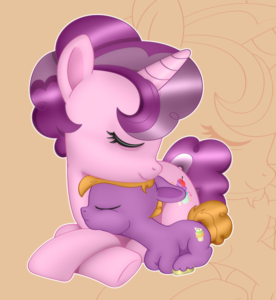 Size: 3500x3802 | Tagged: safe, artist:anonymousandrei, derpibooru import, little mac, sugar belle, earth pony, pony, unicorn, g4, colt, cute, derpibooru exclusive, eyes closed, female, foal, horn, image, jpeg, lying down, male, mare, mother and child, mother and son, motherly love, older sugar belle, prone, sleeping