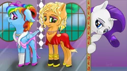 Size: 2560x1440 | Tagged: safe, artist:kapitanazot, derpibooru import, applejack, rainbow dash, rarity, earth pony, pegasus, pony, unicorn, g4, clothes, eyeshadow, gloves, heels on a horse, high heels, horn, image, makeup, png, shoes