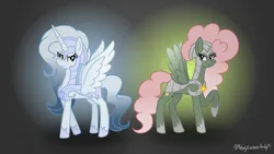 Size: 3000x1686 | Tagged: safe, artist:darbypop1, derpibooru import, oc, oc:melody everbelle, oc:pixie crystal, unofficial characters only, alicorn, pegasus, pony, armor, female, image, mare, png