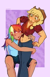 Size: 819x1240 | Tagged: safe, artist:ssuminv, derpibooru import, applejack, rainbow dash, human, g4, abs, appledash, bandaid, clothes, denim, duo, duo female, ear piercing, earring, female, freckles, hug, humanized, image, jeans, jewelry, jpeg, lesbian, midriff, muscles, muscular female, pants, passepartout, piercing, shipping, shirt, sleeveless