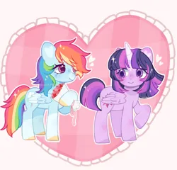 Size: 2954x2832 | Tagged: safe, artist:moon-rose-rosie, derpibooru import, rainbow dash, twilight sparkle, twilight sparkle (alicorn), alicorn, pony, g4, bouquet of flowers, chibi, female, flower, image, lesbian, png, shipping, twidash