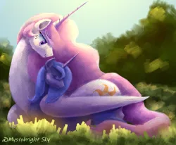 Size: 1214x1000 | Tagged: safe, artist:mystobright sky, derpibooru import, princess celestia, princess luna, alicorn, pony, g4, duo, eyes closed, female, filly, filly luna, hug, image, lying down, mare, outdoors, pink-mane celestia, png, prone, royal sisters, siblings, sisters, smiling, wing blanket, winghug, wings, woona, younger