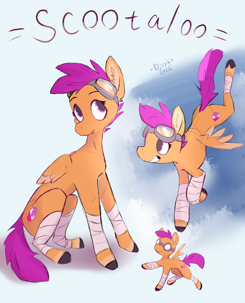 Size: 1728x2132 | Tagged: safe, artist:djoyk, derpibooru import, scootaloo, pegasus, pony, g4, bandage, cute, female, filly, foal, goggles, grin, image, png, scootaloo can fly, simple background, sitting, smiling, solo, white background