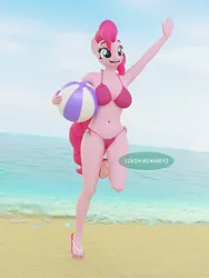 Size: 2160x2880 | Tagged: suggestive, artist:sunshinemane42, derpibooru import, ponerpics import, pinkie pie, anthro, art pack:equestria bikini club 2, g4, 3d, beach, beach ball, bikini, blender, blender cycles, blue sky, breasts, cleavage, clothes, feet, female, flip-flops, image, ocean, png, sand, sandals, solo, sports, swimsuit, volleyball, water, waving