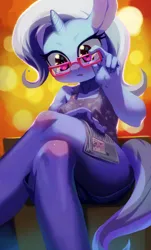 Size: 1838x3038 | Tagged: safe, artist:aruurara, derpibooru import, trixie, twilight sparkle, anthro, unicorn, g4, blushing, crossed legs, female, glasses, horn, image, newspaper, png, solo