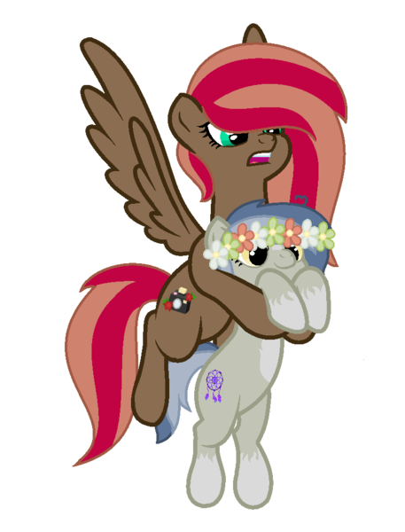 Size: 782x1026 | Tagged: safe, artist:izzakenna, derpibooru import, oc, oc:amber wing, oc:pascal, unofficial characters only, earth pony, pegasus, pony, base used, duo, female, floral head wreath, flower, flying, holding a pony, image, mare, png, simple background, transparent background