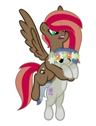 Size: 782x1026 | Tagged: safe, artist:izzakenna, derpibooru import, oc, oc:amber wing, oc:pascal, unofficial characters only, earth pony, pegasus, pony, base used, duo, female, floral head wreath, flower, flying, holding a pony, image, mare, png, simple background, transparent background