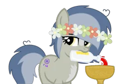 Size: 1129x767 | Tagged: safe, artist:izzakenna, derpibooru import, oc, oc:pascal, unofficial characters only, earth pony, pony, base used, bottle, female, floral head wreath, flower, image, mare, mouth hold, png, simple background, solo, transparent background