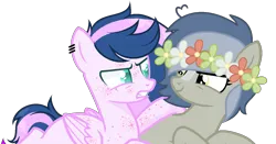 Size: 1356x708 | Tagged: safe, artist:daydreamprince, artist:izzakenna, derpibooru import, oc, oc:pascal, unofficial characters only, earth pony, pegasus, pony, duo, female, floral head wreath, flower, image, mare, png, simple background, transparent background