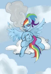 Size: 820x1180 | Tagged: safe, artist:anykoe, derpibooru import, rainbow dash, pegasus, g4, cigar, cloud, female, image, injured, looking at you, on a cloud, pigtails, png, signature, sitting, sketch, sky, smoke, smoking, solo