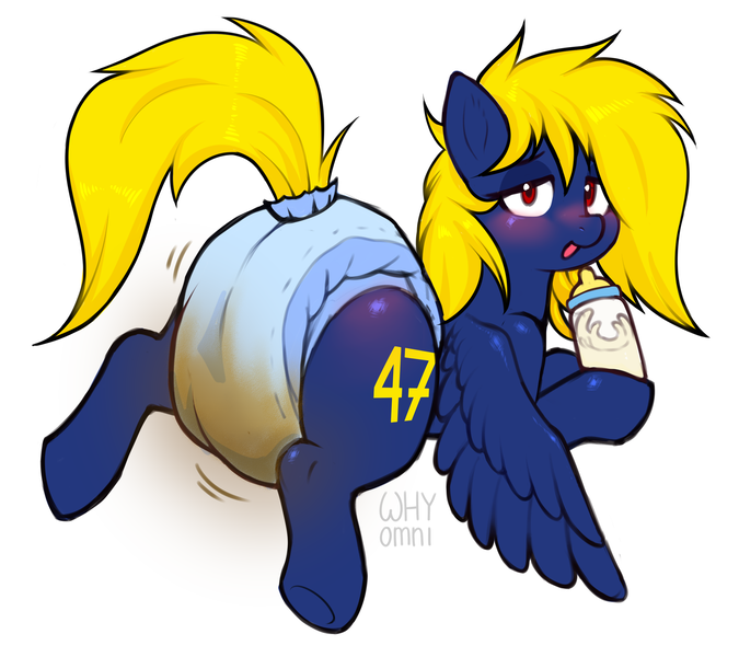 Size: 2364x2100 | Tagged: questionable, alternate version, artist:whyomnichan, derpibooru import, oc, oc:naveen numbers, unofficial characters only, pegasus, pony, baby bottle, diaper, diaper fetish, female, fetish, image, messy diaper, png, simple background, solo, solo female, white background