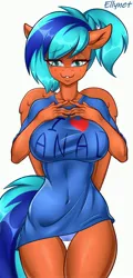 Size: 1959x4096 | Tagged: suggestive, artist:ellynet, ponerpics import, oc, unofficial characters only, anthro, bikini, bikini bottom, breasts, cleavage, clothes, female, image, jpeg, shirt, solo, swimsuit