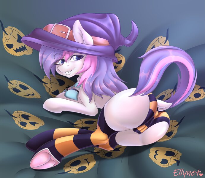 Size: 1980x1720 | Tagged: suggestive, artist:ellynet, ponerpics import, oc, unofficial characters only, pony, bikini, bikini bottom, butt, clothes, female, hat, image, jpeg, mare, socks, solo, striped socks, swimsuit, witch hat