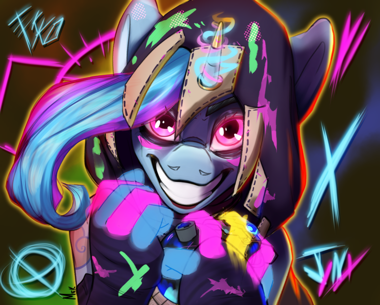 Size: 4371x3508 | Tagged: safe, artist:mekblue, derpibooru import, ponified, pony, arcane, grenade, image, jinx (league of legends), league of legends, magic, png, telekinesis