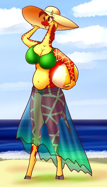 Size: 2000x3500 | Tagged: safe, artist:drbeard, derpibooru import, oc, oc:jaffa, unofficial characters only, anthro, giraffe, beach, beach ball, belly button, bikini, bipedal, clothes, cloud, female, hat, image, non-pony oc, ocean, png, sand, see-through dress, solo, solo female, sun hat, swimsuit, water