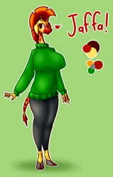 Size: 3000x4714 | Tagged: safe, artist:drbeard, derpibooru import, oc, oc:jaffa, unofficial characters only, anthro, giraffe, bipedal, clothes, female, females only, heart, image, non-pony oc, pants, png, reference sheet, solo, solo female, sweater