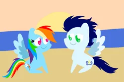 Size: 1935x1285 | Tagged: safe, anonymous artist, derpibooru import, rainbow dash, soarin', pegasus, pony, series:soarindash honeymoon, series:soarindash romantic tales, g4, beach, derpibooru exclusive, female, image, looking at each other, looking at someone, male, mare, png, pointy ponies, shipping, sitting, smiling, smiling at each other, soarindash, stallion, straight, sunset