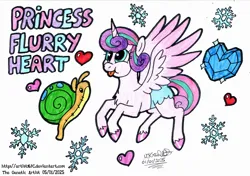 Size: 3291x2322 | Tagged: safe, artist:artistnjc, derpibooru import, princess flurry heart, whammy, alicorn, pony, g4, baby, baby pony, character name, chubby cheeks, crystal heart, diaper, flying, happy, heart, hooves, image, plushie, png, simple background, snow, snowflake, solo, tongue out, traditional art