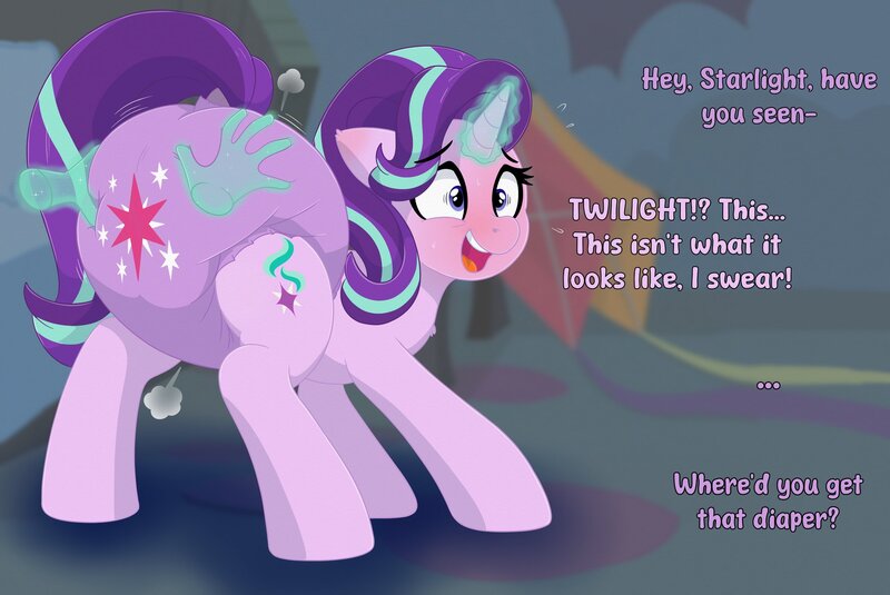 Size: 2048x1369 | Tagged: suggestive, artist:nineplusten, ponerpics import, starlight glimmer, pony, blushing, dialogue, diaper, diaper fetish, female, fetish, image, jpeg, mare, non-baby in diaper, solo