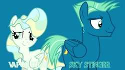 Size: 1920x1080 | Tagged: safe, artist:dashiesparkle, derpibooru import, edit, editor:jaredking779, sky stinger, vapor trail, pegasus, pony, g4, blue background, duo, duo male and female, female, folded wings, image, jpeg, male, mare, simple background, smiling, stallion, wings