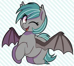 Size: 1466x1306 | Tagged: safe, artist:thebatfang, derpibooru import, oc, oc:malachite cluster, unofficial characters only, bat pony, pony, bat pony oc, bat wings, belly, belly button, cute, eyelashes, fangs, image, male, one eye closed, open mouth, open smile, png, simple background, smiling, solo, spread wings, stallion, trap, wings, wink