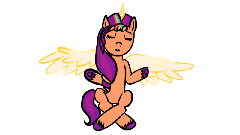 Size: 1280x720 | Tagged: safe, artist:wrath-marionphauna, derpibooru import, sunny starscout, alicorn, g5, alicorn sunny starscout, eyes closed, horn, image, meditating, png, ponylatino, solo, spread wings, wings