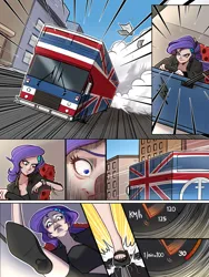 Size: 1800x2400 | Tagged: safe, artist:ilacavgbmjc, derpibooru import, rarity, human, equestria girls, g4, britain, british, bus, clothes, comic, comic page, crossover, driving, great britain, high heels, humanized, image, jpeg, london, pedal, road rage, shoes, solo, speedometer, spice girls, spice world, steering wheel, stiletto heels, united kingdom