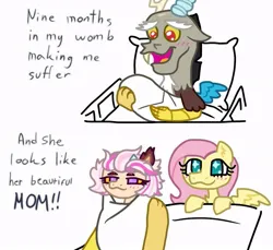 Size: 839x768 | Tagged: safe, artist:knickknack, derpibooru import, discord, fluttershy, g4, baby, baby draconequus, bed, image, implied discoshy, implied shipping, implied straight, jpeg, male, male pregnancy, meme, open mouth, pillow, pregnant, puppy dog eyes