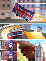 Size: 1800x2400 | Tagged: safe, artist:ilacavgbmjc, derpibooru import, rarity, human, equestria girls, g4, britain, british, bus, clothes, comic, comic page, crossover, driving, great britain, humanized, image, jpeg, london, road rage, skidding, solo, speed lines, spice girls, spice world, statue, united kingdom