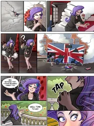 Size: 1800x2400 | Tagged: safe, artist:ilacavgbmjc, derpibooru import, rarity, human, equestria girls, g4, britain, british, bus, clothes, comic, comic page, crossover, driving, falling apart, great britain, hand, high heels, humanized, image, jpeg, london, road rage, shoes, smoke, solo, spice girls, spice world, stairs, stiletto heels, united kingdom