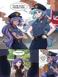 Size: 1800x2400 | Tagged: safe, artist:ilacavgbmjc, derpibooru import, princess celestia, princess luna, rarity, human, equestria girls, g4, britain, british, bus, clothes, comic, comic page, crossover, driving, falling apart, great britain, humanized, image, jpeg, london, police, police officer, road rage, smoke, solo, spice girls, spice world, stairs, united kingdom