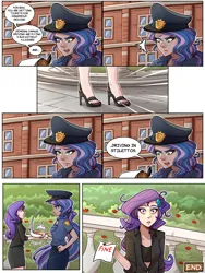 Size: 1800x2400 | Tagged: safe, artist:ilacavgbmjc, derpibooru import, princess celestia, princess luna, rarity, human, equestria girls, g4, britain, british, clothes, comic, comic page, crossover, fine, great britain, high heels, humanized, image, jpeg, london, police, police officer, road rage, shoes, smoke, solo, spice girls, spice world, stairs, stiletto heels, united kingdom