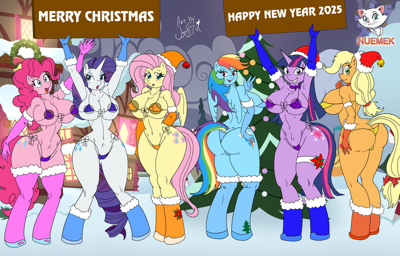 Size: 3967x2541 | Tagged: questionable, artist:jojocoso, artist:nuemek, colorist:pachiracolor42, derpibooru import, applejack, fluttershy, pinkie pie, rainbow dash, rarity, twilight sparkle, anthro, earth pony, pegasus, unguligrade anthro, unicorn, g4, applebutt, areola, areola slip, ass, big areola, big breasts, bikini, blushing, boots, breasts, busty applejack, busty fluttershy, busty mane six, busty pinkie pie, busty rainbow dash, busty rarity, busty twilight sparkle, butt, cameltoe, christmas, christmas tree, clothes, erect nipples, female, females only, gloves, hand on hip, hat, holiday, horn, image, long gloves, mane six, micro bikini, nipple outline, outdoors, panties, png, rainbutt dash, santa hat, shoes, sideboob, sign, snow, swimsuit, thong, tree, underwear, useless clothing, wide hips